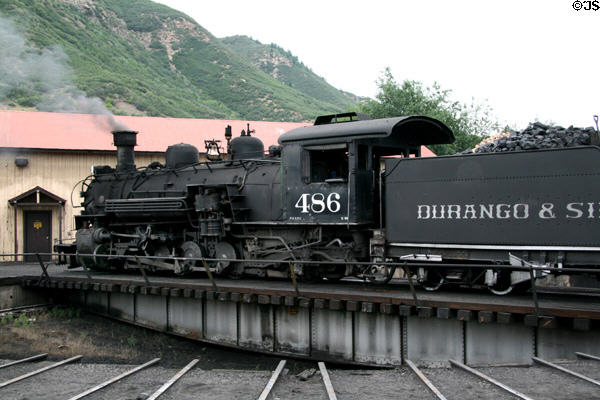 Durango & Silverton steam locomotive 486 on roundhouse turntable. Durango, CO.