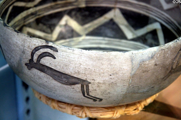 Mesa Verde Puebloan pottery bowl with painted leaping mountain sheep from classic period III at Mesa Verde Museum. CO.