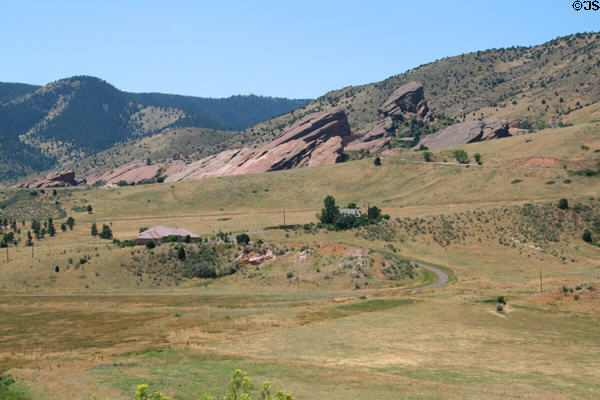 Red Rocks formation where open-air concerts are held as viewed from Dino Ridge. CO.