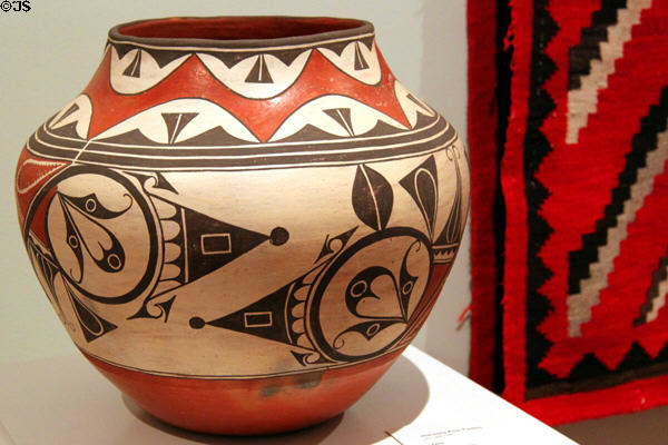 Zia polychrome pottery Olla jar (1938) by Harviana Pino Toribio at Colorado Springs Fine Arts Center. Colorado Springs, CO.