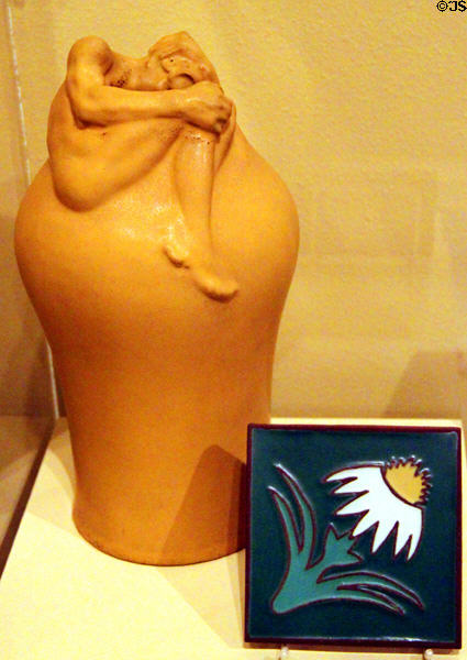 Despondency ceramic vase (1910) & Floral tile (2002) by Van Briggle Pottery at Colorado Springs Pioneers Museum. Colorado Springs, CO.