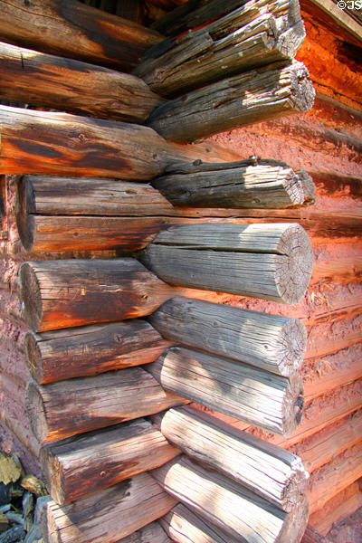 Log cabin details of 1860's Galloway Homestead at Rock Ledge Ranch Historic Site. Colorado Springs, CO.