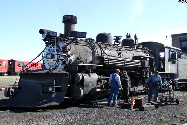 Cumbres & Toltec steam locomotive #488 undergoing inspection. Antonito, CO.