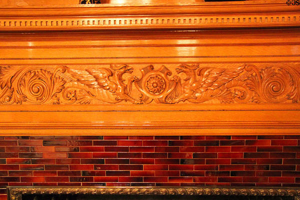 Entrance hall fireplace mantle carving detail at Rosemount House Museum. Pueblo, CO.