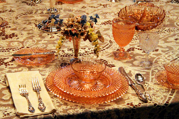 Place setting with glass plates at Rosemount House Museum. Pueblo, CO.