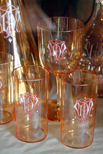 Engraved glass goblets & beakers at Rosemount House Museum. Pueblo, CO.
