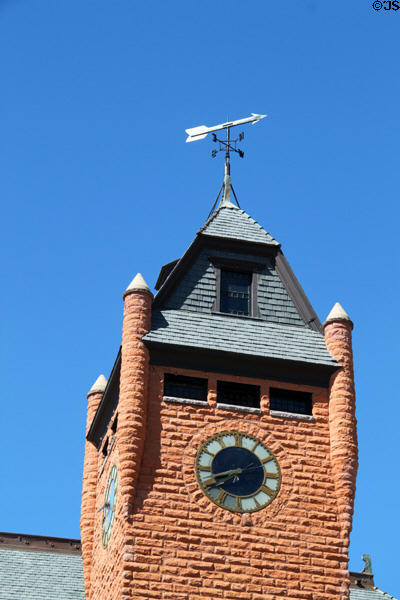 Clock tower detail with weather vane of Pueblo Union Depot. Pueblo, CO.