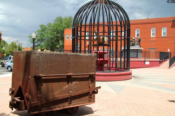 Main St. square with coal cart & Coal Miner's Canary monument. Trinidad, CO.