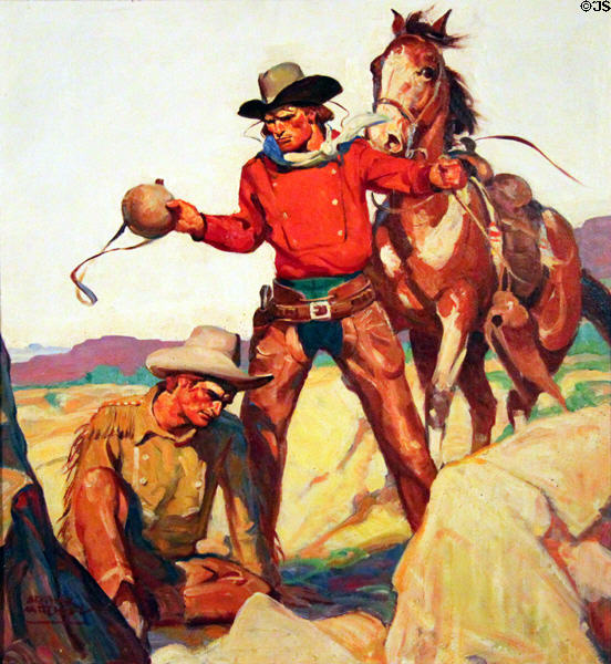 Two Men One Horse, Canteen painting by Arthur Roy Mitchell at A.R. Mitchell Museum of Western Art. Trinidad, CO.