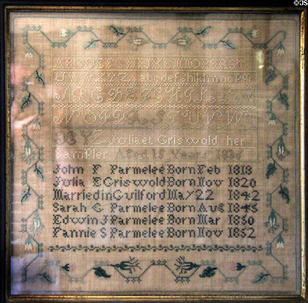 Sampler with Griswold family names & dates (c1852) at Thomas Griswold House. Guilford, CT.