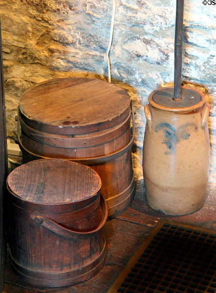 Pine Firkins (18th-early 19thC) & stoneware butter churn (early 19thC) at Henry Whitfield State Museum. Guilford, CT.