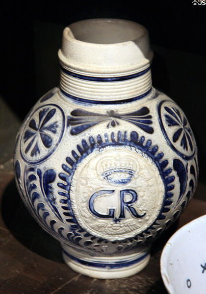 Stoneware tankard marked GR for King George at Henry Whitfield State Museum. Guilford, CT.