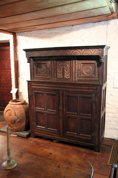 Jacobean-style press cupboard (17thC) used to store textiles at Henry Whitfield State Museum. Guilford, CT.