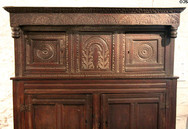 Carving details of Jacobean-style press cupboard (17thC) at Henry Whitfield State Museum. Guilford, CT.