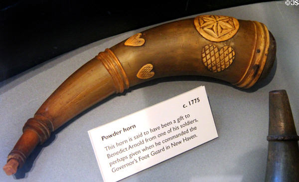 Powder horn (c1775) once a gift to Benedict Arnold at Henry Whitfield State Museum. Guilford, CT.