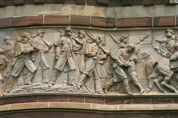 U.S. troops greeted by child on Civil War Memorial frieze. Hartford, CT.