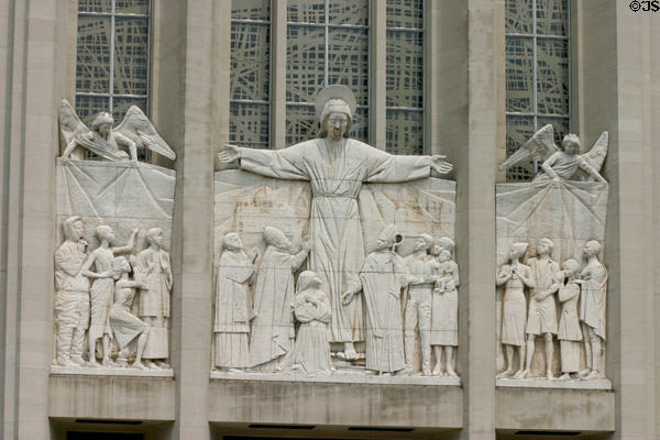 Frieze on facade of St. Joseph Cathedral with papal visit. Hartford, CT.