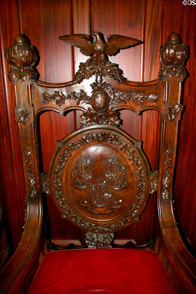 Senate speakers chair in State Capitol made from wood of Charter Oak, the tree wherein Connecticut's charter was once hidden to prevent the King's men from revoking the colonies freedoms. Hartford, CT.
