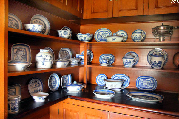 Pantry with blue willow china at Hill-Stead Museum. Farmington, CT.