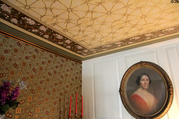 South parlor wallpaper & portrait of family member Mary Sheldon at Butler-McCook House Museum. Hartford, CT.