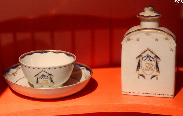 Chinese porcelain tea caddy, cup & saucer (c1790) owned by Patty Olcott Butler with his initials (PB) at Butler-McCook House Museum. Hartford, CT.