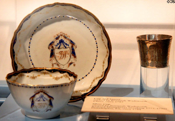 Chinese porcelain cup & saucer (c1785) & silver cup (c1788) by Richard Humphreys of Philadelphia, both owned by Jeremiah Wadsworth with his initials (JW) at Butler-McCook House Museum. Hartford, CT.
