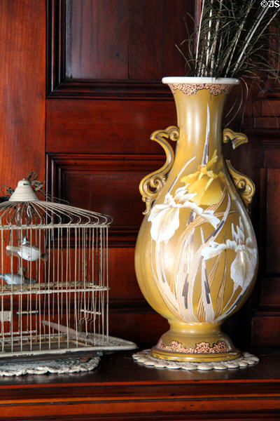 Bird cage & vase painted with irises at Isham-Terry House Museum. Hartford, CT.