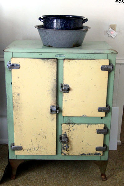Antique Steel Queen ice box by Ranney Refrigerator Co. of Greenville, MI in kitchen at Isham-Terry House Museum. Hartford, CT.