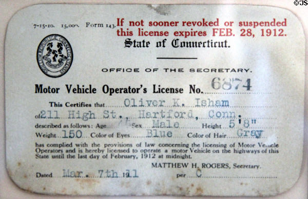 Connecticut driver's license (1911) of Oliver K. Isham at Isham-Terry House Museum. Hartford, CT.