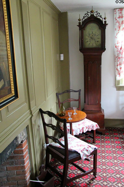 Tall clock & side table in dining room at Nathan Hale Homestead Museum. Coventry, CT.