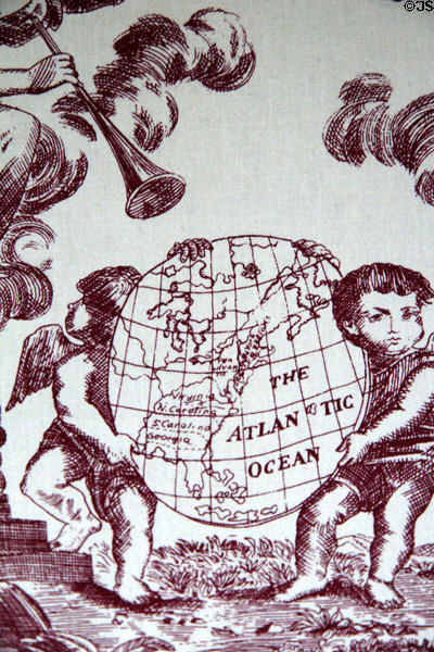 American colonies map detail of Liberty fabric at Nathan Hale Homestead Museum. Coventry, CT.