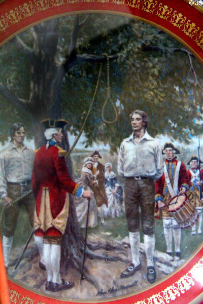 Commemorative plate showing Nathan Hale being hanged by the British at Nathan Hale Homestead Museum. Coventry, CT.