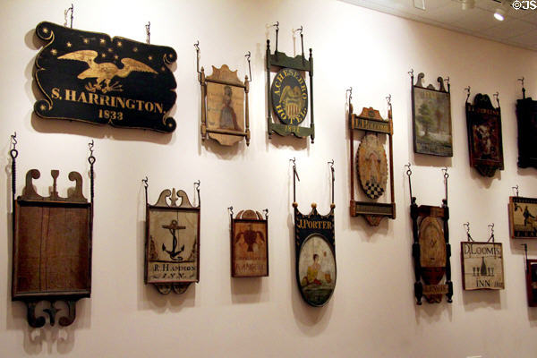 Collection of early American inn & tavern signs at Connecticut Historical Society. Hartford, CT.