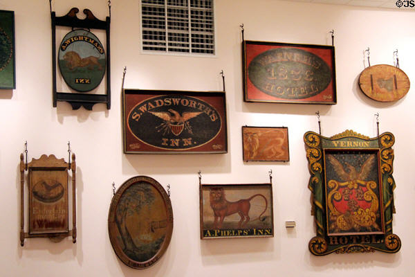 Collection of early American inn & tavern signs at Connecticut Historical Society. Hartford, CT.