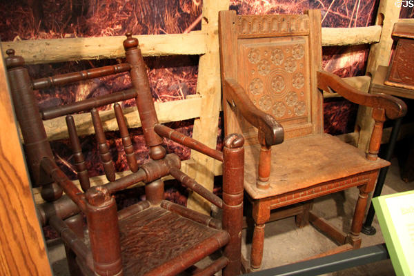 Turned chair (c1650) from Branford or Wethersfield, CT & oak chair (1660) prob. from Hartford owned by Governor John Winthrop, Jr. at Connecticut Historical Society. Hartford, CT.