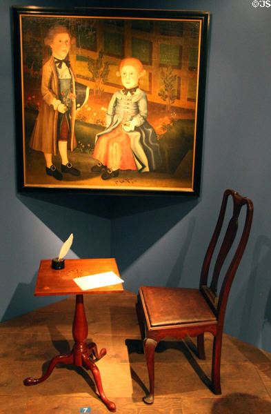 Cherry table (1790-1810) prob. by Jonathan Birge of East Windsor, chair (1740-70) from Saybrook, & portrait of two boys (c1765) at Connecticut Historical Society. Hartford, CT.