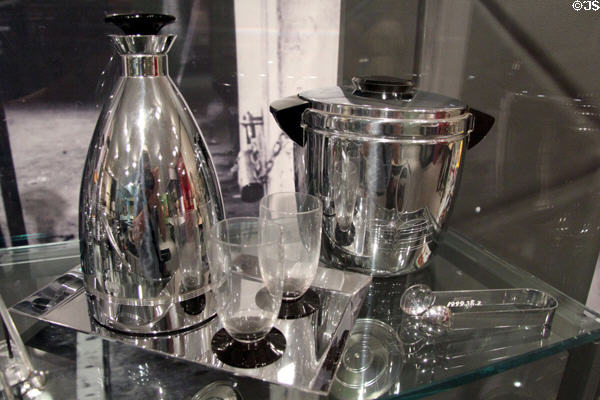 Cocktail set by Manning Bowman of Meriden & lidded ice bucket (c1945) by Landers, Frary & Clark of New Britain at Connecticut Historical Society. Hartford, CT.