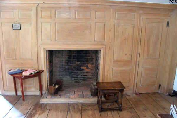 Fireplace with original paneling at Noah Webster House. West Hartford, CT.
