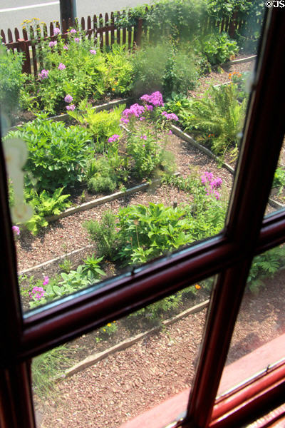 View of garden from window at Noah Webster House. West Hartford, CT.