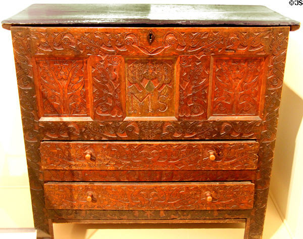 Joined chest with drawers with initials of Mary (Smith) Sheldon (c1700) from Northampton, MA at Windsor Historical Society Museum. Windsor, CT.