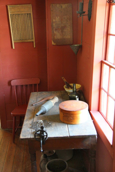 Kitchen with collection of utensils at Strong House. Windsor, CT.