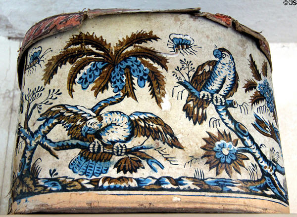 Hat box with painted hawks at Strong House. Windsor, CT.