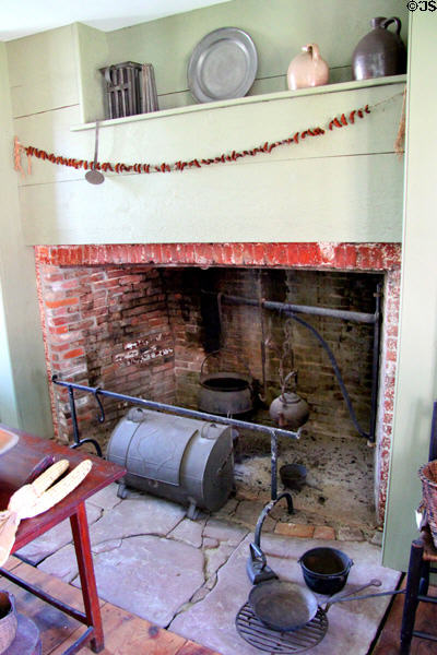 Kitchen fireplace with utensils at Dr. Hezekiah Chaffee House. Windsor, CT.