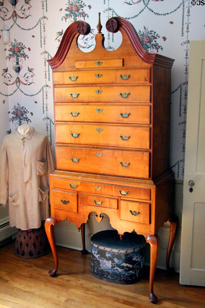 High chest of drawers with swan neck pediment at Dr. Hezekiah Chaffee House. Windsor, CT.