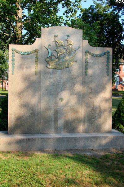 Monument to Founders of Windsor, Connecticut in May 1635 on site of First Congregation Church at Palisado Green with names of Windsor settlers who came from England in 1630 on the ship Mary and John. Windsor, CT.