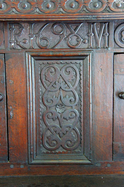 Details of chest with carved panels & initials RM (1698) at Oliver Ellsworth Homestead Museum. Windsor, CT.