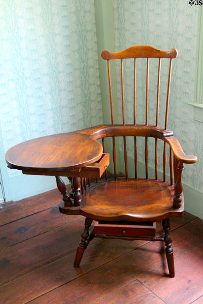 Windsor chair with writing arm, two drawers & offset back to allow for arm movement at Oliver Ellsworth Homestead Museum. Windsor, CT.