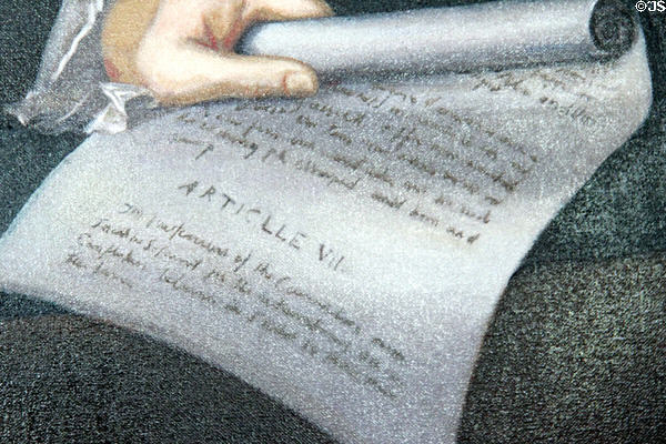 Detail of painting of Oliver Ellsworth, holding Article VII of U.S. Constitution which he drafted at Oliver Ellsworth Homestead Museum. Windsor, CT.