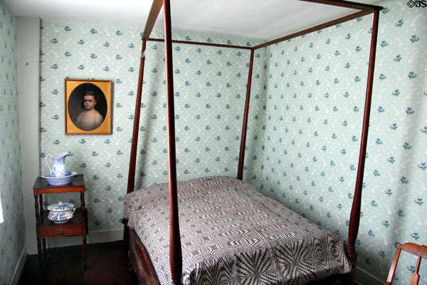 Bedroom with framed bed & wash stand at Oliver Ellsworth Homestead Museum. Windsor, CT.