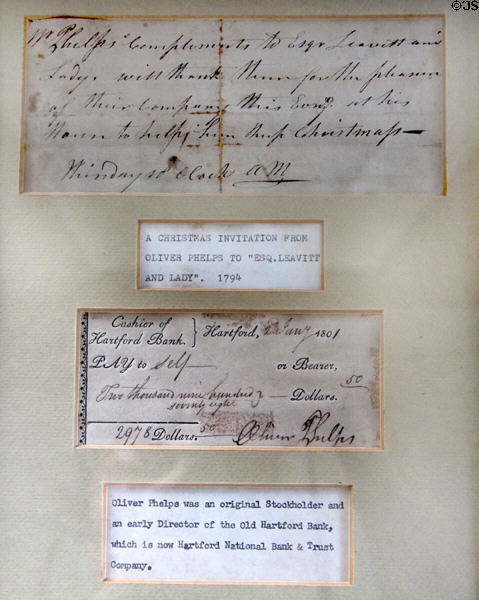 Original Christmas invitation (1794) & cheque (1801) by Oliver Phelps at Phelps-Hathaway House. Suffield, CT.